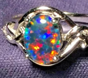 Opal Ring Genuine Australian Natural Top Grade Triplet 8x6mm  Sizes 6.5 to 11 US - Picture 1 of 8