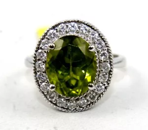 Natural Oval Green Peridot & Diamond Halo Solitaire Ring 14k White Gold 4.75Ct - Picture 1 of 6