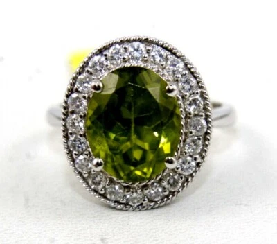 Natural Oval Green Peridot & Diamond Halo Solitaire Ring 14k White Gold 4.75Ct - Image 1 of 4