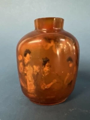 3" Chinese Amber Glass Snuff Bottle Reverse Painted Scene on Interior Vintage - Image 1 of 4