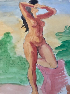 Beau Dessin Femme Nue Nu Gouache Aquarelle Corps 1960 Sur Papier A Identifier - Photo 1/4