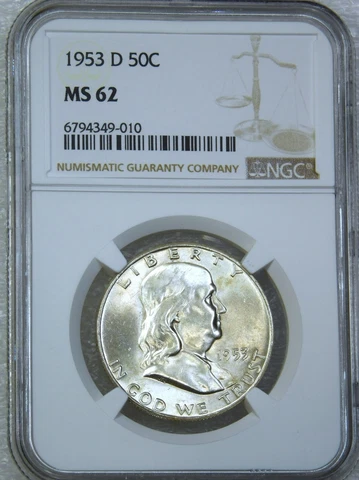 1953-D Franklin Half Dollar NGC MS62 90% Full Bell Lines Just Graded #C104A Cover