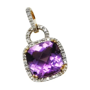 14K WHITE ROSE GOLD PAVE DIAMOND CUSHION CUT PURPLE AMETHYST PENDANT NECKLACE - Picture 1 of 2