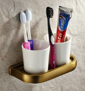 Antique Brass Wall Mounted Bathroom Toothbrush Holder with Ceramic Cups 2ba177 - Picture 1 of 5