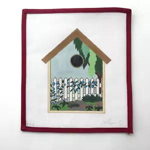LANI Handpainted Needlepoint Canvas Birdhouse Picket Fence Garden 18 Mesh - Picture 1 of 4