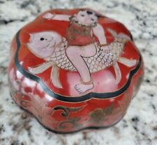 Red Laquer Asian Hand Painted Walking Fish Scalloped Trinket Box 4"x3"