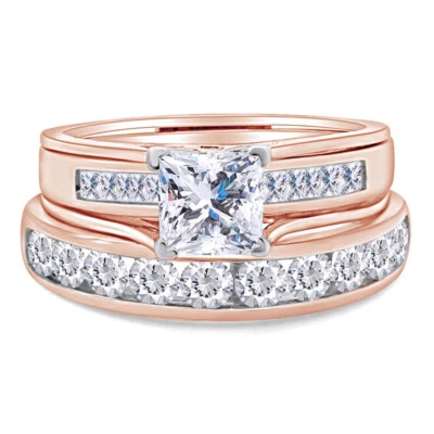 3 2/3 Ct Princess Cut 3 Pcs Engagement Wedding Ring Trio Set Solid 10K Rose Gold - Image 1 of 4