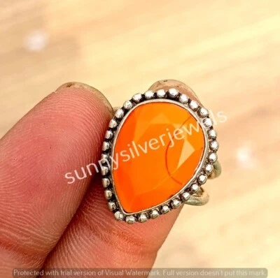 Joyería de plata de ley 925 con piedras preciosas de calcedonia naranja regalo para su anillo 6,5 Foto 1 de 4