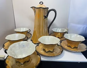Haviland Limoges goldgelbliche Schokoladenkanne mit 6 Tassen und Untertassen Frankreich - Bild 1 von 13