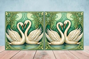 Azulejos de cerámica Art Nouveau Swan Bird - Juego de 2 azulejos de decoración de pared Art Nouveau - Imagen 1 de 3