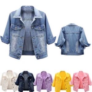 Womens 3/4 Sleeve Stretch Denim Casual Coat Button Down Jean Jacket +Pockets Top - Picture 1 of 35