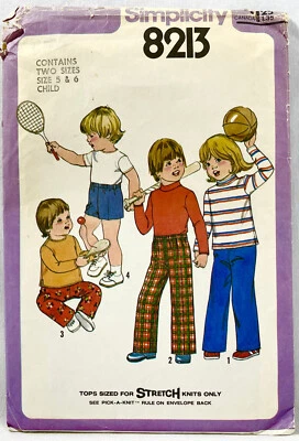 1977 Simplicity Patrón de Costura 8213 Niños Unisex Prendas para el torso Pantalones Cortos Talla 5 y 6 13319 Foto 1 de 2