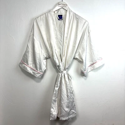 Vestido de novia satinado mini bata blanco y rosa ribete corbata delantera "Sra" en la parte posterior boda M Foto 1 de 4