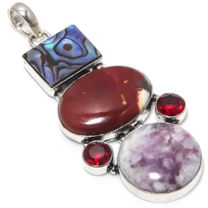 Lepidolite Mookaite Abalone Gemstone Silver Plated Cluster Pendant Jewelry 3" - Picture 1 of 1