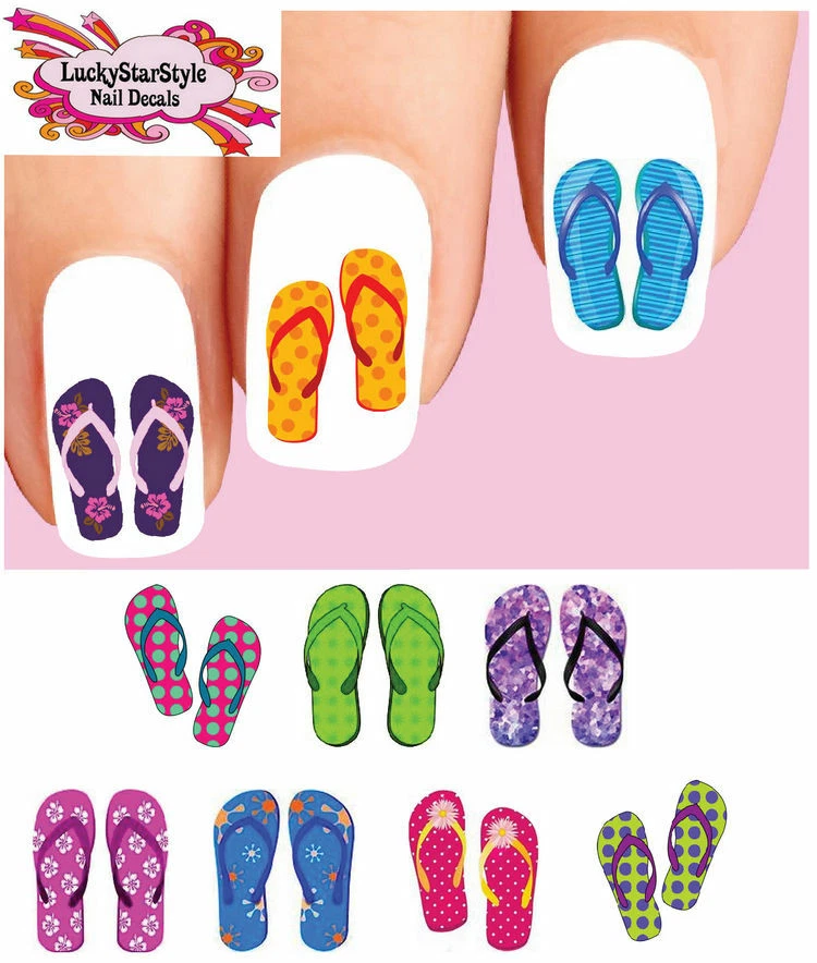 Juego de 20 calcomanías para uñas tobogán acuático - sandalias chanclas coloridas de verano surtidas Foto 1 de 1