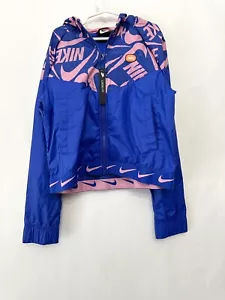 Nike Girl's Large Windrunner Jacket Hooded Blue/Pink Swoosh Zip, Pockets Cropped - Picture 1 of 3