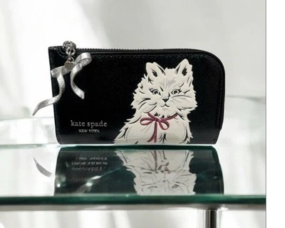 Kate Spade WHISKERS Cat Saffiano Black Leather Zip Around Wallet + Gift Bag - Image 1 of 4