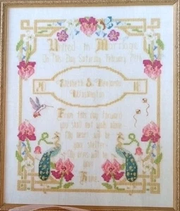 Punto de Cruz "PARADISE WEDDING SAMPLER" patrón ~ flores, pavos reales, matrimonio  - Imagen 1 de 1