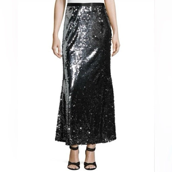 Nueva Falda Midi Carmen Marc Valvo Plateada Gunmetal Lentejuelas Talla Mediana Forrada Foto 1 de 4