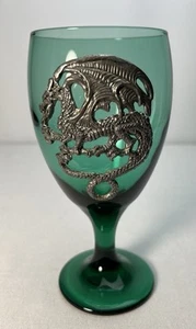 1998 Fellowship Foundry Pewter Goblet Dragon Drinking Water Wine Green Glass - Picture 1 of 11