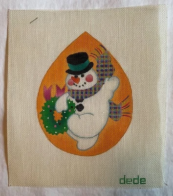 Christmas Snowman in golden raindrop VTG needle point canvas by dede - Image 1 of 4