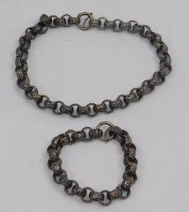 2 Pc Vtg Hammered Bronze Look Necklace Bracelet Chunky Chain Link Brutalist - Picture 1 of 6