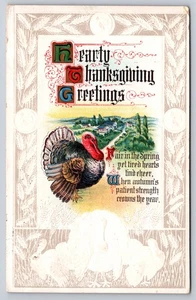 Thanksgiving Greetings Postcard with a proud turkey, rural view, and poem - Picture 1 of 2