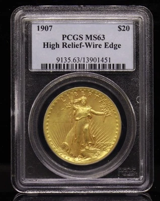 1907 $20 Saint Gaudens oro alto relieve borde de cable graduación profesional MS63 Foto 1 de 4