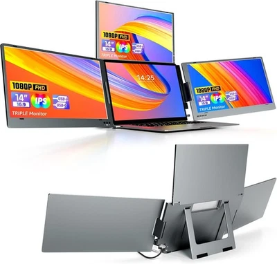 14" Triple Screen Extender, FHD IPS Laptop Screen Extender Monitor One USB-C cab - Image 1 of 4