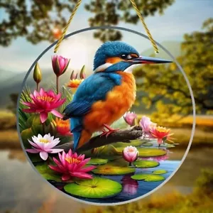 XL Suncatcher Kingfisher with Water Lily 20cm Light Catcher Window Picture Lucky Charm - Picture 1 of 5
