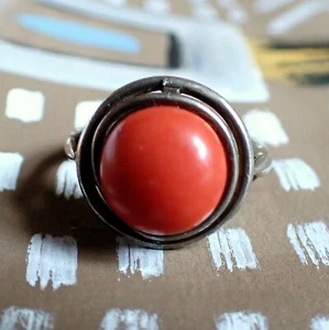 Mediterraner Koralle Silber Ring Cabochon Vintage Unikat Designerring - Bild 1 von 12