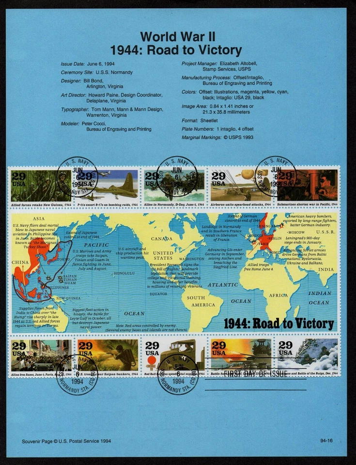 USA, SCOTT # 2838, SOUVENIR PAGE - ROAD TO VICTORY, WORLD WAR II, USS NORMANDY - Image 1 of 1