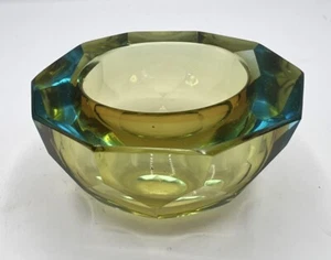 Vintage MCM Sommerso Murano facettierte Kunst Glas Schale rund klein grün türkis gold - Bild 1 von 8
