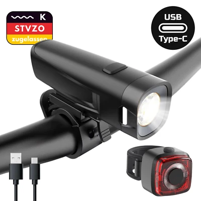 Fahrradlicht Set StVZO LED USB C Beleuchtung Akku Scheinwerfer Rücklicht - Bild 1 von 4