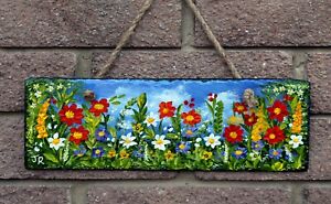Original Painting on Slate plaque "My Dream Garden"  12" x 4" by Judith Rowe
