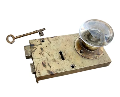 Ancienne serrure poignée bouton de porte victorien vintage en laiton et verre... - Photo 1/4