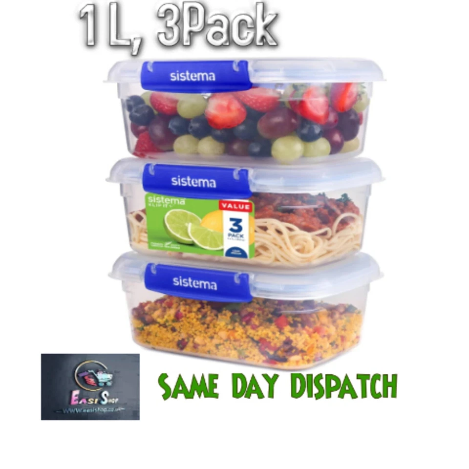 3 Food Storage Containers Set Airtight Clip Lock Food Lunch Box 1L - Image 1 of 4