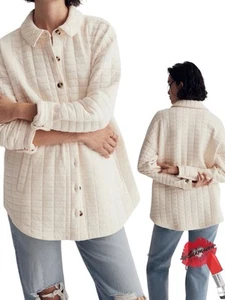 Madewell Jacket Women Medium Cream Quilted Shacket Button Up Pocket Coat Core - Picture 1 of 7