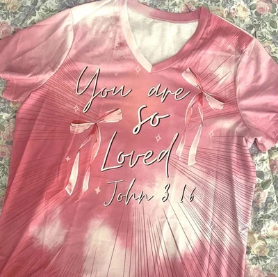 Pink Tie Dye Christian Bible Bow V Neck Tee T Shirt Loved John 3:16 XL NEW - Image 1 of 4