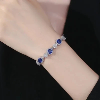 15Ctw Pear Cut Lab Created Blue Sapphire Tennis Bracelet 14K White Gold Plated - Image 1 of 4