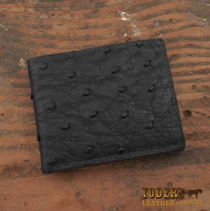 Black Ostrich Bifold Wallet - Genuine Ostrich Skin Amish Handmade Cash Billfold - Picture 1 of 4