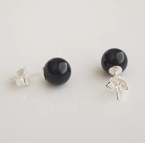 Solid 925 Sterling Sliver Natural Black Onyx 8mm Round Ball Stud Earrings - Picture 1 of 5