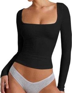 Women's Sexy Square Neck Long Sleeve Ribbed Kint T Shirts Casual (Black,Size:M) - Picture 1 of 5