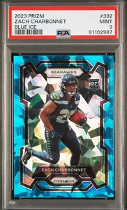 Panini Prizm Zach Charbonnet Blue Ice RC 2023 Atomic Rookie #d 32/99 PSA 9 como nuevo - Imagen 1 de 2