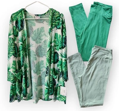 Cárdigan Caroline Pequeño Hoja Tropical Lularoe y 2 leggings verdes lisos ¡NUEVO! Foto 1 de 4
