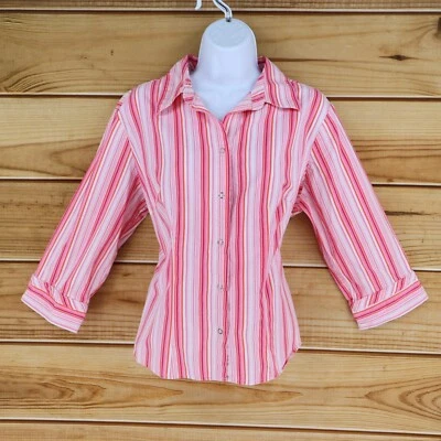 Camisa con botones manga 3/4 No Boundaries para mujer talla L rosa a rayas elástica Foto 1 de 4
