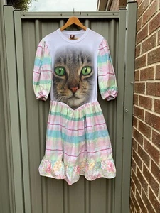 Womens Upcycled Cat Face Print Handmade Puff Short Sleeve Dress Size S - Bild 1 von 3