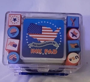 Star Spangled Stamp Kit Ink Pad Set 8 stamps America mini - Picture 1 of 7