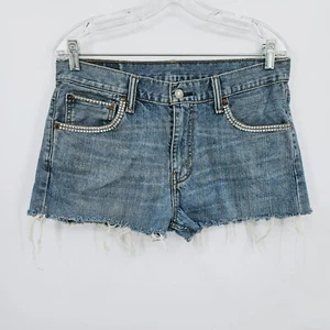 Levis 527 Zum Selbermachen abgeschnittene Shorts Denim Jorts 32 mittelblau Fransen Strass Glitzer - Bild 1 von 13