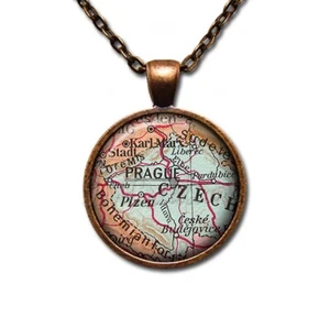 Prague Czech Road Map Travel - Handmade Round Glass Pendant Necklace - Picture 1 of 10